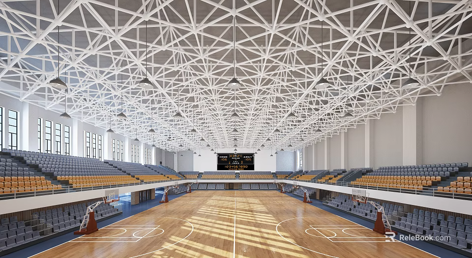 Indoor Basketball Gym With Wooden Court Steel Truss Roof And Seating 3d model 