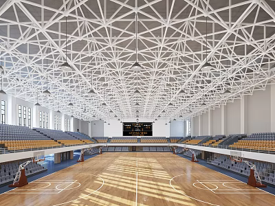Indoor Basketball Gym With Wooden Court Steel Truss Roof And Seating 3d model