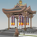Traditional Chinese Architectural Gate With Ornate Roof Dragon Decorations Colorful Banners And Stone Lions