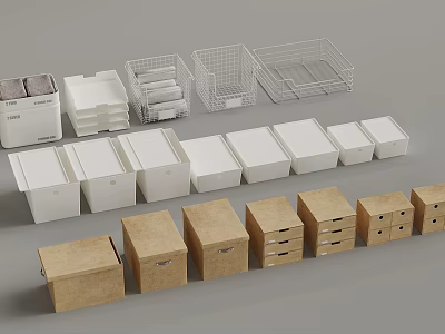 Various Storage Organizers With White Brown Boxes And Mesh Baskets 3d model