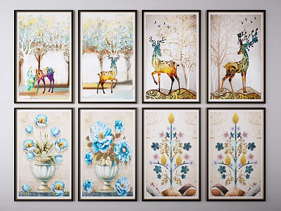 Decorative Animal Paintings With Deer Figures Colorful Flowers Vase And Tree Elements 3d model