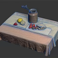 Cozy Table Setting With Pink Beige Tablecloth Ceramic Jug Lemon Half Strawberries And Bread Slices