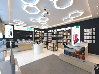 Modern Digital Store Interior With Hexagonal Ceiling Lighting Display Shelves And Electronic Products 3d model