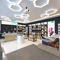 Modern Digital Store Interior With Hexagonal Ceiling Lighting Display Shelves And Electronic Products 3d model