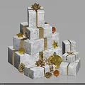 White Gift Boxes Stacked As Tower With Gold Ribbons Stars And Ornaments