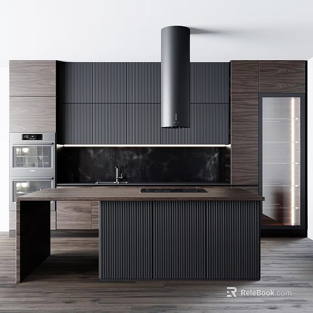 Modern Kitchen Interior With Dark Cabinets Island Black Countertop Range Hood And Glass Door Cabinet 3d model 
