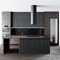 Modern Kitchen Interior With Dark Cabinets Island Black Countertop Range Hood And Glass Door Cabinet