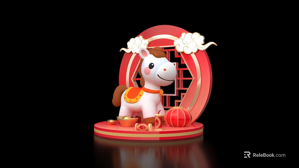 Red Circular Inflatable with White Pony Figure Cloud Ornaments Red Lanterns on Red Platform Base 3d model
