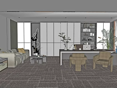 Modern Office Interior With Sofa Desk Bookshelf Plants Bright Windows And Carpet 3d model