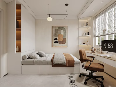 Modern Tatami Bedroom With Built in Storage Desk Chair And Decorative Art 3d model