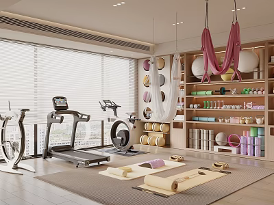 Bright Modern Fitness Studio With Treadmill Exercise Bike Yoga Mat And Aerial Hammock 3d model