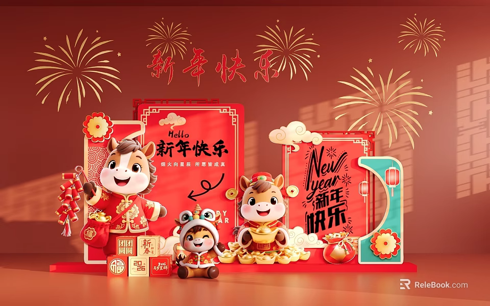 New Year Event Display Wall Featuring Red Decorations Fireworks And Cartoon Animals 3d model 