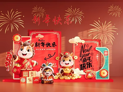 New Year Event Display Wall Featuring Red Decorations Fireworks And Cartoon Animals 3d model