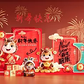 New Year Event Display Wall Featuring Red Decorations Fireworks And Cartoon Animals