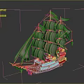 Vintage Sailing Ship Model With Wooden Hull And Multiple Canvas Sails