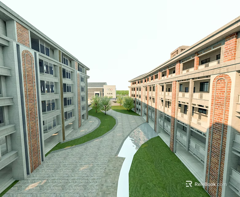 Red Brick School Buildings Featuring Multi Story Design Green Lawns And Courtyard Pathway 3d model 