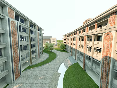 Red Brick School Buildings Featuring Multi Story Design Green Lawns And Courtyard Pathway 3d model