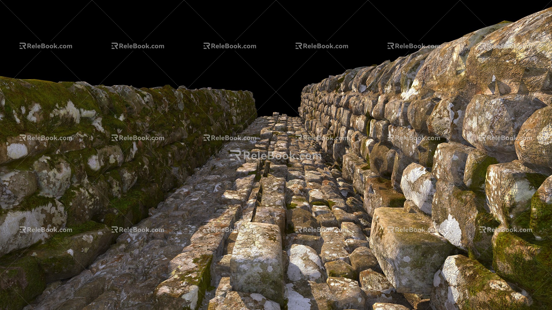 Slab road with channel stone wall 3d model