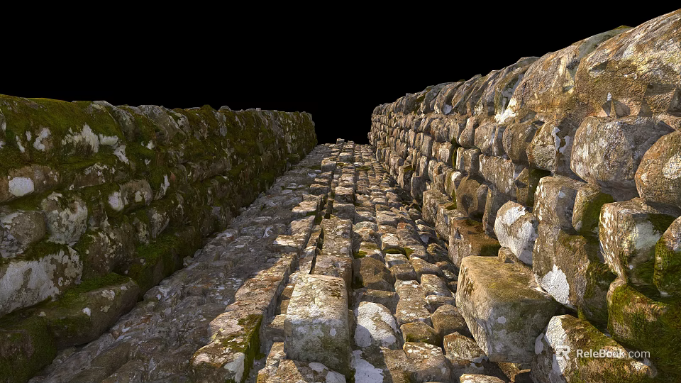 Natural Ancient Stone Walls And Wooden Elements Along Moss Covered Stone Pathway 3d model 