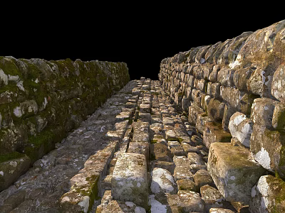 Natural Ancient Stone Walls And Wooden Elements Along Moss Covered Stone Pathway 3d model