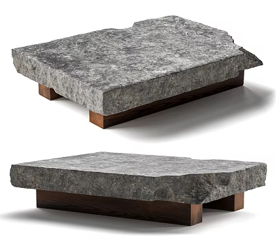 Natural Stone Coffee Table With Irregular Top And Solid Wooden Base Design 3d model