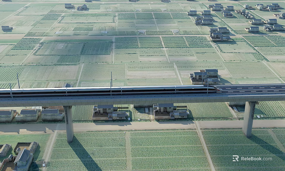 Elevated High speed Rail Passing Through Rural Fields 3d model 