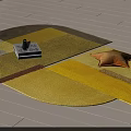 Geometric Shaped Stylish Yellow Brown Carpet with Orange Pillow and Decorative Books