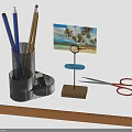 Essential Desk Supplies With Mesh Penholder Pencils Red Scissors Ruler Photo Frame And Note Holder