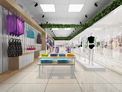 Modern Clothing Store Interior With Hanging Apparel Mannequins Display Tables And Greenery 3d model