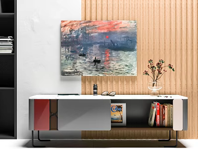 Modern TV Stand With Colorful Panels Wall Art Flower Vase Books And Magazine 3d model