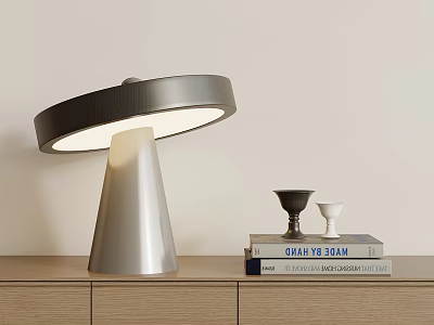 Modern Table Lamp with Conical Base Round Shade on Wooden Cabinet with Books and Decor 3d model