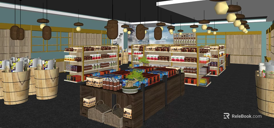 Specialty Store Interior With Shelves Full Of Products Island Counter And Lighting 3d model 