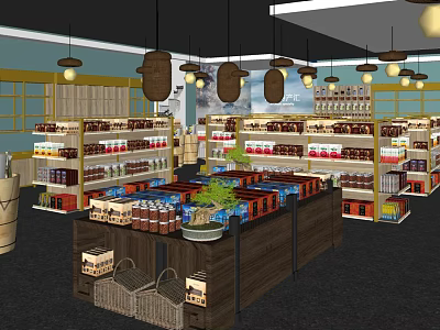 Specialty Store Interior With Shelves Full Of Products Island Counter And Lighting 3d model