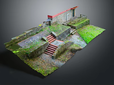Outdoor Stairs With Red Steps Stone Walls And Green Grass Surroundings 3d model