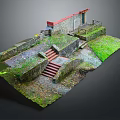 Outdoor Stairs With Red Steps Stone Walls And Green Grass Surroundings