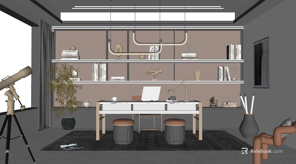 Modern Study Room Interior Design With Wall Bookshelves Wooden Desk Stools And Decorative Items 3d model 