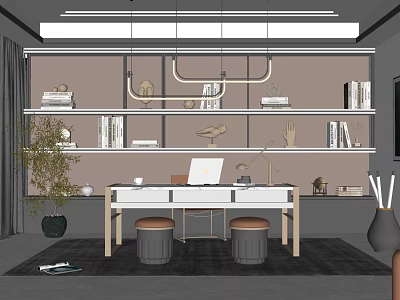 Modern Study Room Interior Design With Wall Bookshelves Wooden Desk Stools And Decorative Items 3d model