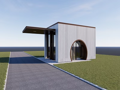 Modern Entrance Gate With Square Building Arched Window And Overhang Driveway Grass Lawn 3d model