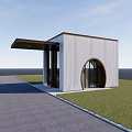 Modern Entrance Gate With Square Building Arched Window And Overhang Driveway Grass Lawn