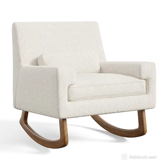 Cream Bouclé Fabric Rocking Chair with Wooden Base and Soft Cushion 3d model 