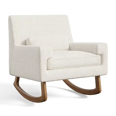 Cream Bouclé Fabric Rocking Chair with Wooden Base and Soft Cushion 3d model