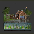 Tropical Beachside Cottage With Red Roof Wooden Deck Palm Trees And Water