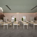 Bright School Classroom Featuring Neatly Arranged White Tables Chairs Potted Plants And Windows