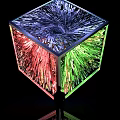 Vibrant Art Installation With Transparent Cube And Shimmering Red Blue Crystals