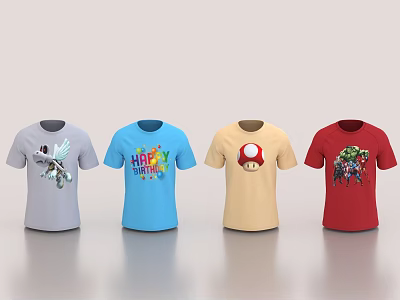 Gray Blue Beige Red T-shirts with Diverse Cartoon Happy Mushroom Character Prints 3d model