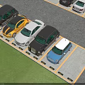 Parking Lot With Neatly Parked Various Colored Cars And Yellow Lined Spaces