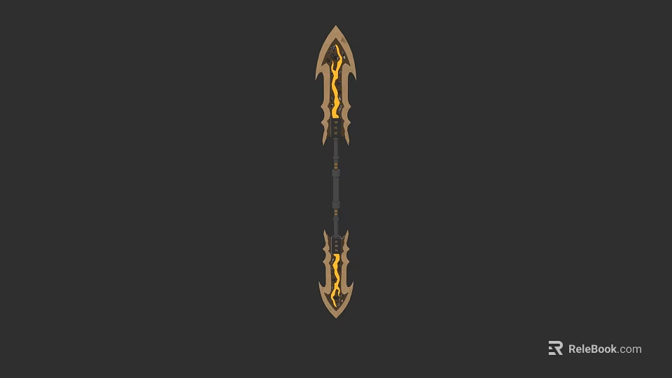 Ornate Fantasy Spear Weapon With Golden Carved Patterns And Black Handle 3d model 