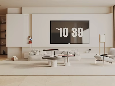 Modern Living Room Interior Design With Large Screen TV White Sofa And Round Coffee Tables 3d model