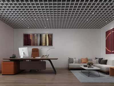 Modern Open Office Interior With Grid Ceiling Wooden Flooring Desk Sofa And Wall Art Rug 3d model