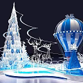 Christmas Check in Area with Santa Blue White Hot Air Balloon Snowflakes and Tree